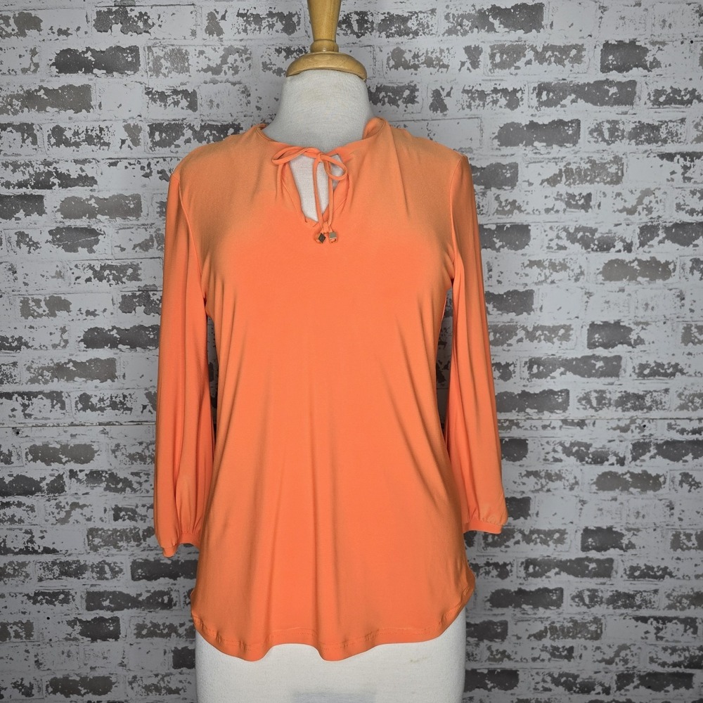 Joseph Ribkoff Blouse Womens US Size 6 Orange V Neck 3/4 Sleeve Stretch